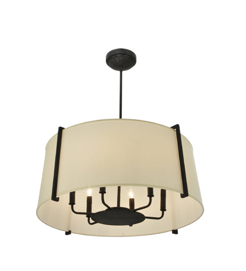 Meyda Lighting Cilindro 27" 6-Light Antique Iron Gate Lucy Pendant Light With Cream Textrene Shade
