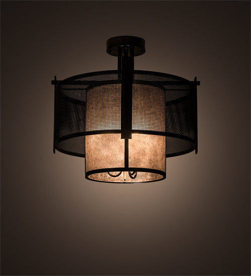 Meyda Lighting Cilindro 30" 3-Light Antique Hammered Gold Weave-Tex Semi-flush Mount Light With Silver Mica Shade Glass