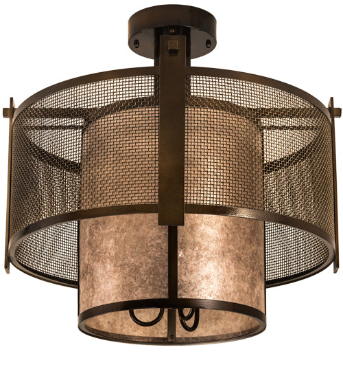 Meyda Lighting Cilindro 30" 3-Light Antique Hammered Gold Weave-Tex Semi-flush Mount Light With Silver Mica Shade Glass