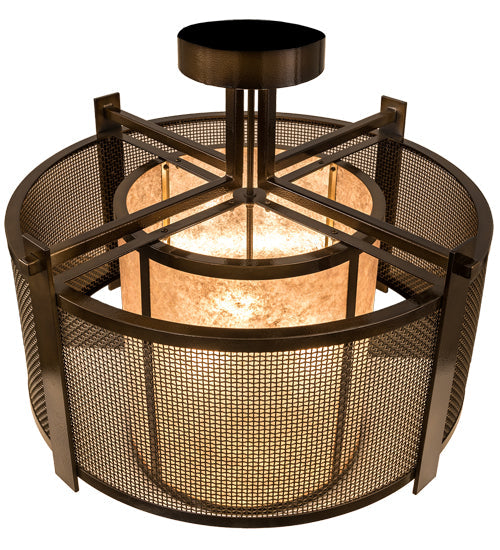 Meyda Lighting Cilindro 30" 3-Light Antique Hammered Gold Weave-Tex Semi-flush Mount Light With Silver Mica Shade Glass
