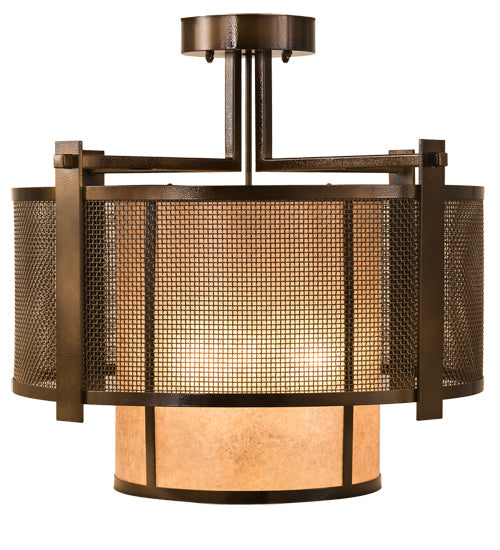 Meyda Lighting Cilindro 30" 3-Light Antique Hammered Gold Weave-Tex Semi-flush Mount Light With Silver Mica Shade Glass
