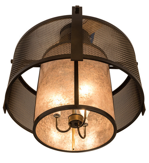 Meyda Lighting Cilindro 30" 3-Light Antique Hammered Gold Weave-Tex Semi-flush Mount Light With Silver Mica Shade Glass