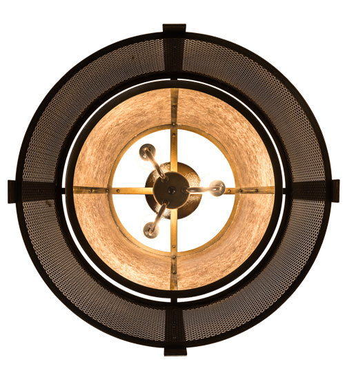 Meyda Lighting Cilindro 30" 3-Light Antique Hammered Gold Weave-Tex Semi-flush Mount Light With Silver Mica Shade Glass