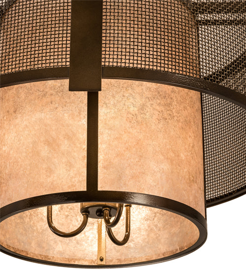 Meyda Lighting Cilindro 30" 3-Light Antique Hammered Gold Weave-Tex Semi-flush Mount Light With Silver Mica Shade Glass