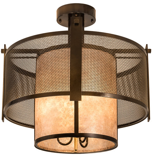 Meyda Lighting Cilindro 30" 3-Light Antique Hammered Gold Weave-Tex Semi-flush Mount Light With Silver Mica Shade Glass