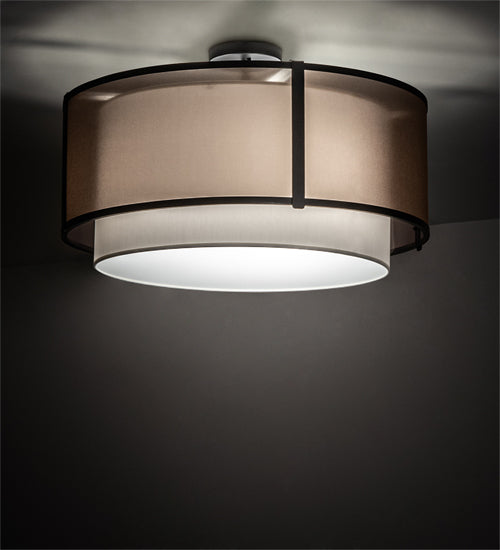 Meyda Lighting Cilindro 30" 3-Light Flat Black Semi-flush Mount Light With White & Black Organza Textrene Shade