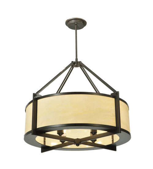 Meyda Lighting Cilindro 30" 4-Light Timeless Bronze Cross Hatch Pendant Light With Creme Carrare Idalight Shade
