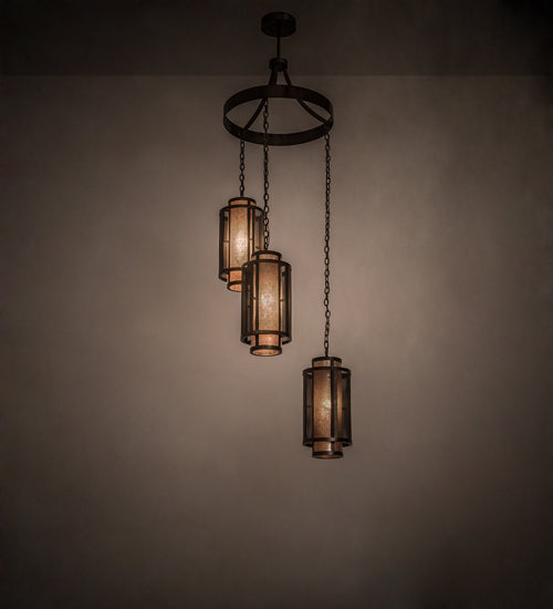 Meyda Lighting Cilindro 32" 3-Light Antique Hammered Gold Weave-Tex Cascading Chandelier With Silver Mica Shade Glass