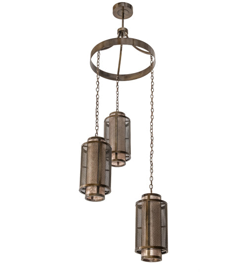 Meyda Lighting Cilindro 32" 3-Light Antique Hammered Gold Weave-Tex Cascading Chandelier With Silver Mica Shade Glass