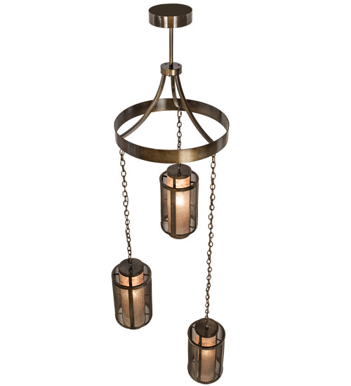 Meyda Lighting Cilindro 32" 3-Light Antique Hammered Gold Weave-Tex Cascading Chandelier With Silver Mica Shade Glass