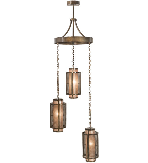 Meyda Lighting Cilindro 32" 3-Light Antique Hammered Gold Weave-Tex Cascading Chandelier With Silver Mica Shade Glass