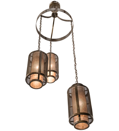 Meyda Lighting Cilindro 32" 3-Light Antique Hammered Gold Weave-Tex Cascading Chandelier With Silver Mica Shade Glass