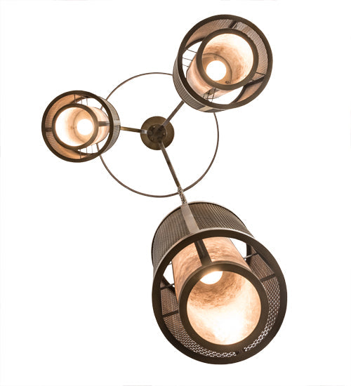 Meyda Lighting Cilindro 32" 3-Light Antique Hammered Gold Weave-Tex Cascading Chandelier With Silver Mica Shade Glass