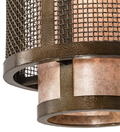 Meyda Lighting Cilindro 32" 3-Light Antique Hammered Gold Weave-Tex Cascading Chandelier With Silver Mica Shade Glass