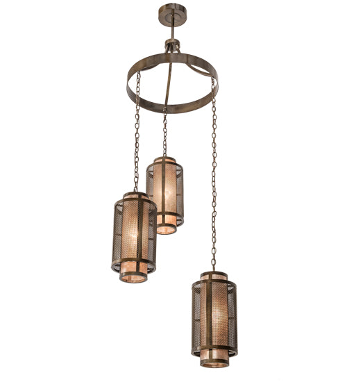 Meyda Lighting Cilindro 32" 3-Light Antique Hammered Gold Weave-Tex Cascading Chandelier With Silver Mica Shade Glass