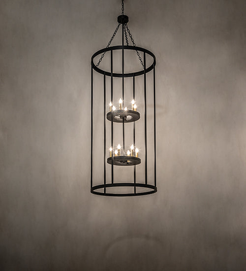 Meyda Lighting Cilindro 36" 12-Light Solar Black Leeds Pendant Light With Ivory Faux Candlelight