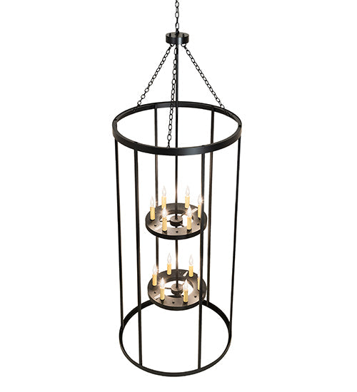 Meyda Lighting Cilindro 36" 12-Light Solar Black Leeds Pendant Light With Ivory Faux Candlelight
