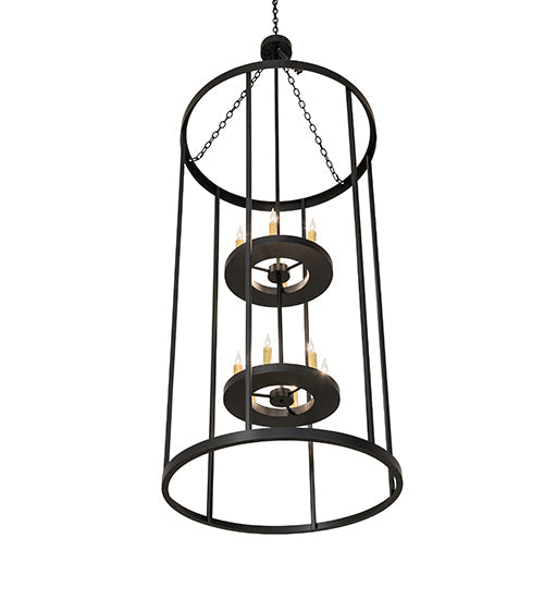 Meyda Lighting Cilindro 36" 12-Light Solar Black Leeds Pendant Light With Ivory Faux Candlelight