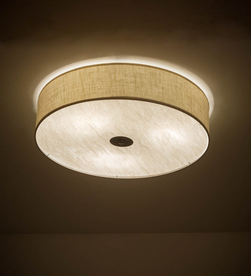 Meyda Lighting Cilindro 36" 3-Light Nickel Flush Mount Light With Off White Textrene & White Statuario Idalight Shade
