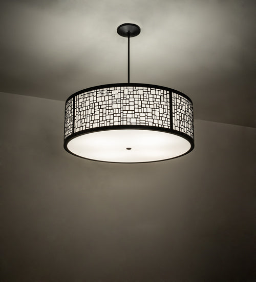 Meyda Lighting Cilindro 36" 4-Light Flat Black Deco Pendant Light With Off-White Textrene & Statuario Idalight Shade