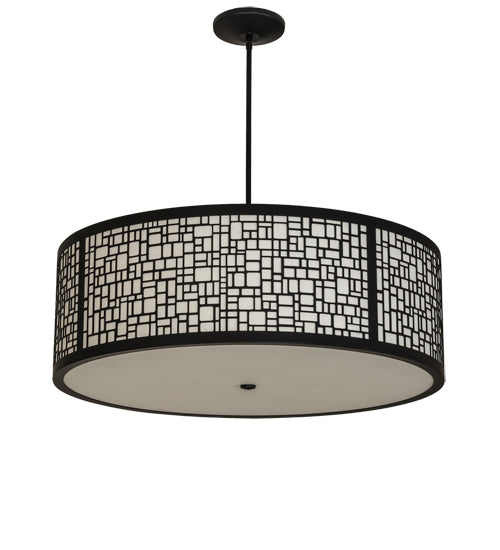 Meyda Lighting Cilindro 36" 4-Light Flat Black Deco Pendant Light With Off-White Textrene & Statuario Idalight Shade