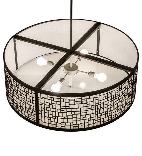Meyda Lighting Cilindro 36" 4-Light Flat Black Deco Pendant Light With Off-White Textrene & Statuario Idalight Shade