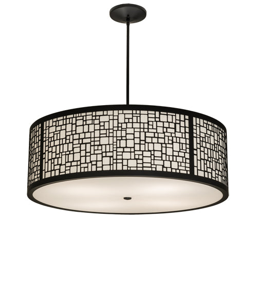 Meyda Lighting Cilindro 36" 4-Light Flat Black Deco Pendant Light With Off-White Textrene & Statuario Idalight Shade