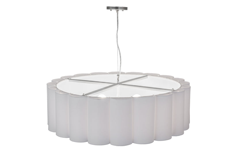 Meyda Lighting Cilindro 36" 4-Light Nickel Engranaje Pendant Light With White Textrene & Statuario Idalight Shade
