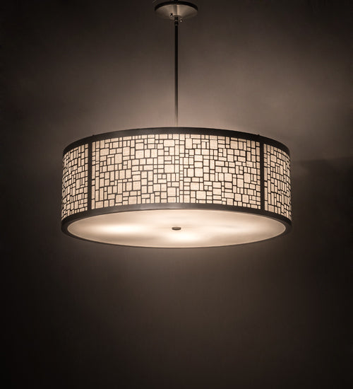 Meyda Lighting Cilindro 36" 4-Light Nickel Powder Coat Deco Pendant Light With Off White Linen & Statuario Idalight Shade