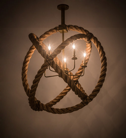 Meyda Lighting Cilindro 36" 5-Light Antique Brass Matte Bola Rope Pendant Light With Ivory Faux Candlelight