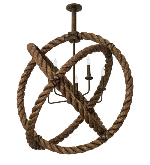 Meyda Lighting Cilindro 36" 5-Light Antique Brass Matte Bola Rope Pendant Light With Ivory Faux Candlelight