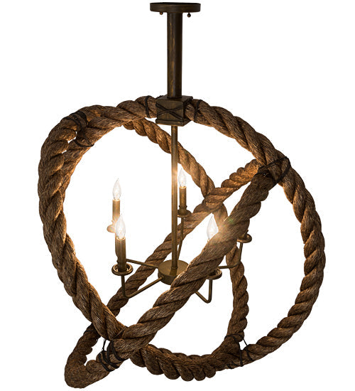 Meyda Lighting Cilindro 36" 5-Light Antique Brass Matte Bola Rope Pendant Light With Ivory Faux Candlelight
