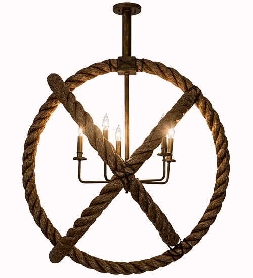 Meyda Lighting Cilindro 36" 5-Light Antique Brass Matte Bola Rope Pendant Light With Ivory Faux Candlelight