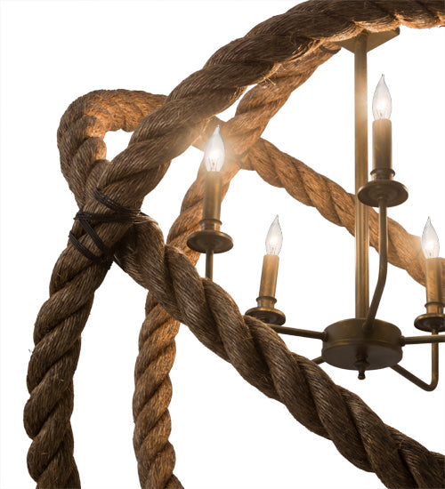 Meyda Lighting Cilindro 36" 5-Light Antique Brass Matte Bola Rope Pendant Light With Ivory Faux Candlelight