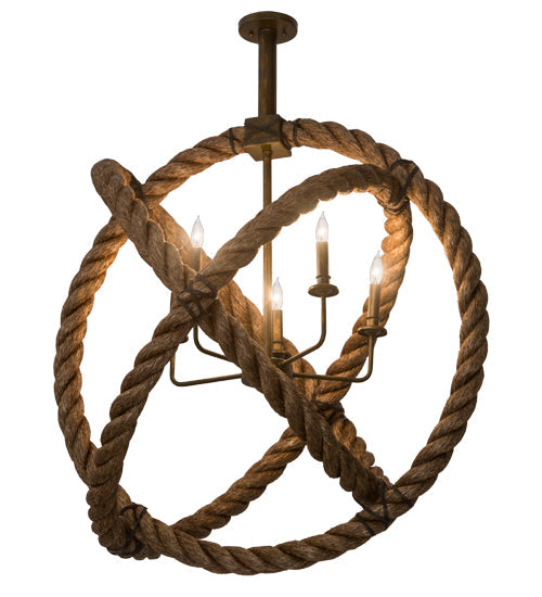Meyda Lighting Cilindro 36" 5-Light Antique Brass Matte Bola Rope Pendant Light With Ivory Faux Candlelight