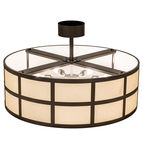 Meyda Lighting Cilindro 36" 6-Light Timeless Bronze Barnabas Semi-flush Mount Light With Beige & White Shade