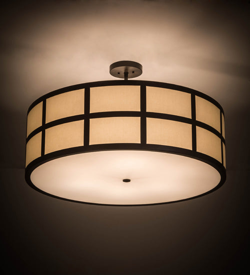 Meyda Lighting Cilindro 36" 6-Light Timeless Bronze Barnabas Semi-flush Mount With Laura Beige Textrene Shade
