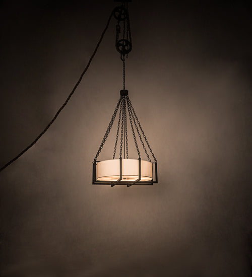Meyda Lighting Cilindro 36" 6-Light Wrought Iron Bartlett Inverted Pendant Light With White Linen Textrene Shade