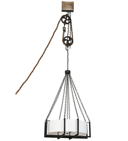 Meyda Lighting Cilindro 36" 6-Light Wrought Iron Bartlett Inverted Pendant Light With White Linen Textrene Shade