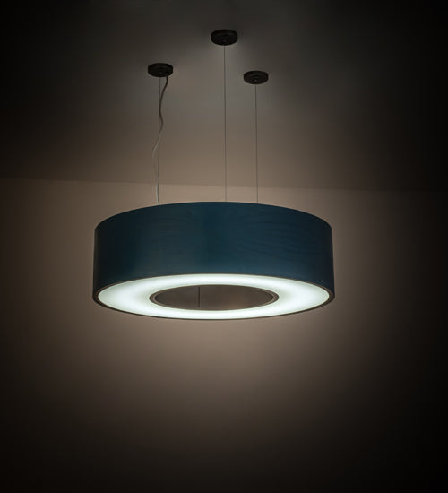 Meyda Lighting Cilindro 36" LED Nickel Hickory Pendant Light With Blue Stained Oak Veneer & White Shade