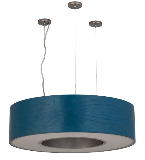Meyda Lighting Cilindro 36" LED Nickel Hickory Pendant Light With Blue Stained Oak Veneer & White Shade
