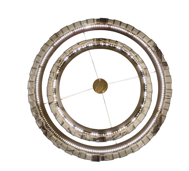 Meyda Lighting Cilindro 43" 2-Tier LED Brass Illusion Pendant Light With Transparent Smoke Shade Glass