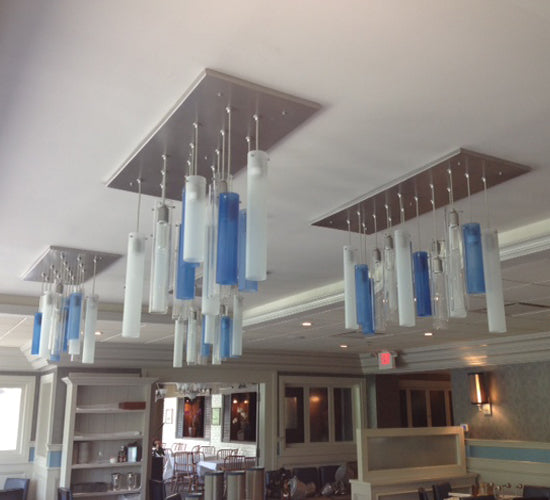 Meyda Lighting Cilindro 48" 15-Light Nickel Cascading Pendant Light With Blue and Clear Shade Glass