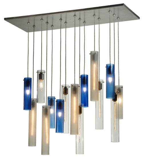 Meyda Lighting Cilindro 48" 15-Light Nickel Cascading Pendant Light With Blue and Clear Shade Glass