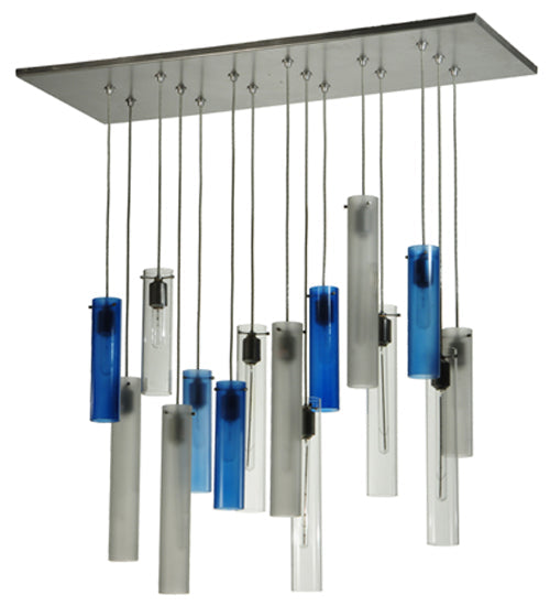 Meyda Lighting Cilindro 48" 15-Light Nickel Cascading Pendant Light With Blue and Clear Shade Glass