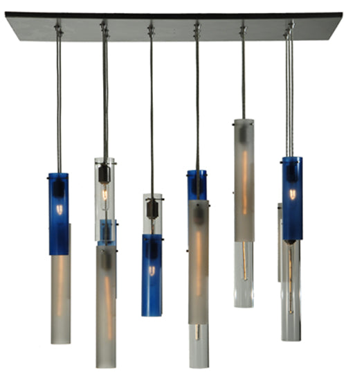 Meyda Lighting Cilindro 48" 15-Light Nickel Cascading Pendant Light With Blue and Clear Shade Glass