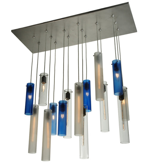 Meyda Lighting Cilindro 48" 15-Light Nickel Cascading Pendant Light With Blue and Clear Shade Glass