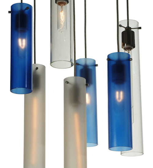 Meyda Lighting Cilindro 48" 15-Light Nickel Cascading Pendant Light With Blue and Clear Shade Glass