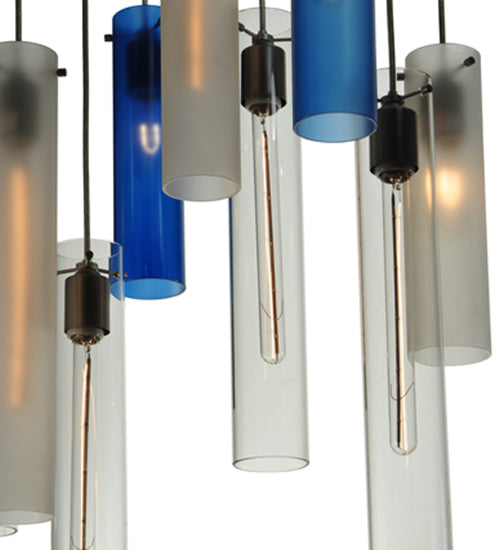 Meyda Lighting Cilindro 48" 15-Light Nickel Cascading Pendant Light With Blue and Clear Shade Glass
