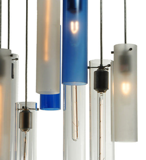 Meyda Lighting Cilindro 48" 15-Light Nickel Cascading Pendant Light With Blue and Clear Shade Glass